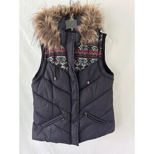 Forever 21 Womens‎ Puffer Vest Faux Fur Hood Aztec Print Lined Dark Gray Medium